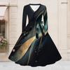Women Plus Size V Neck Long Sleeve Rainbow Splash Printed Tie Waist A Line Midi Dress