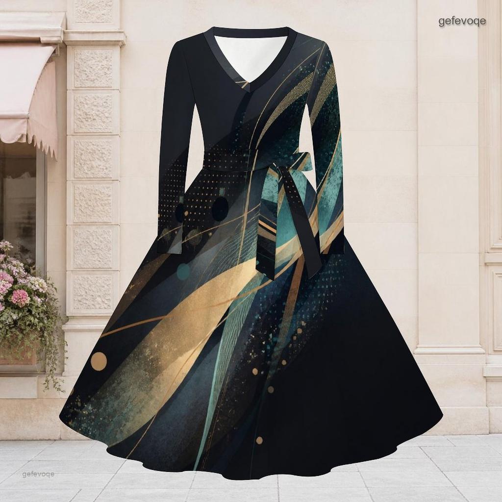 Women Plus Size V Neck Long Sleeve Rainbow Splash Printed Tie Waist A Line Midi Dress