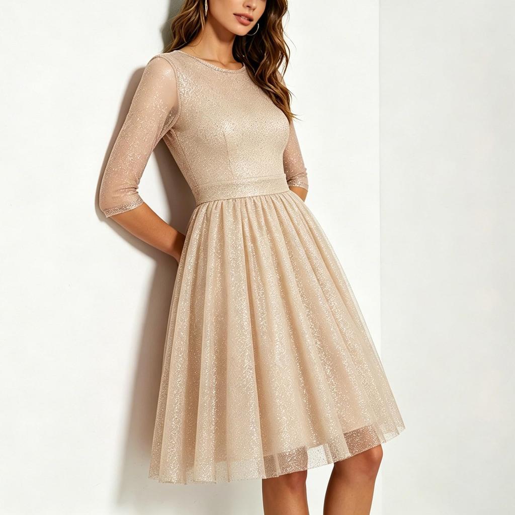 Abito Casual da Donna alla Moda con Scollo Rotondo, Maniche a Palloncino, Linea ad A, Sovrapposizione in Rete e Lunghezza al Ginocchio per l'Uso Quotidiano