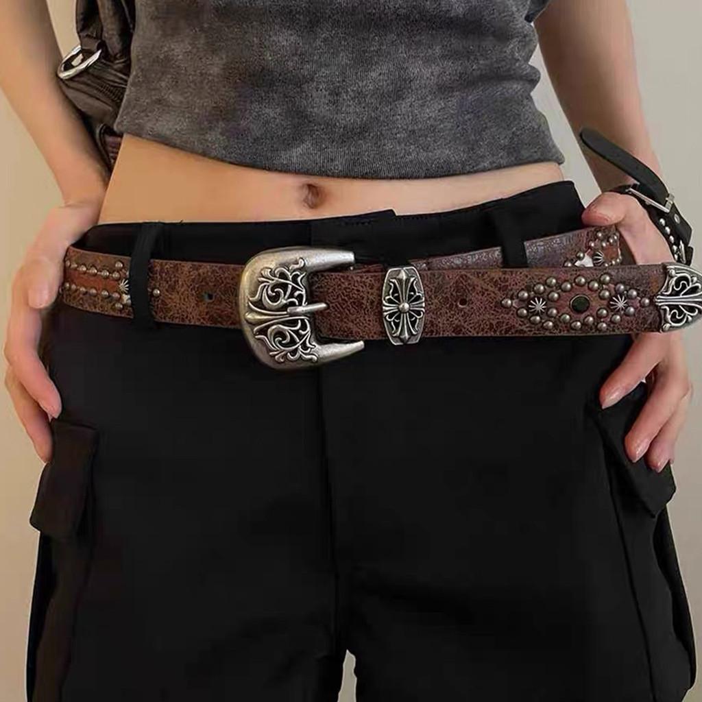 Cintura da Donna in Stile Etnico Marrone con Fibbia in Lega d'Argento per Vestiti Boho e Jeans