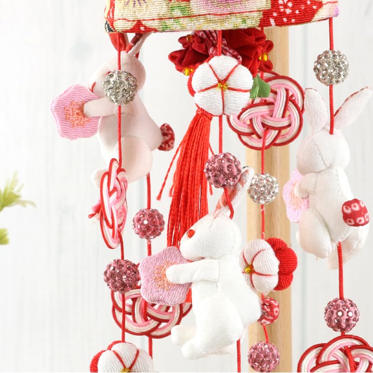 [Fuwahuwa] Hanging Doll Decoration for Hinamatsuri (Girls' Festival) - Cute Hanging Decoration with Rabbit and Mizuhiki Plum Blossom - Classic Red - C