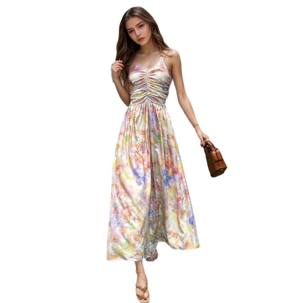 Women's Summer Vintage Oil Painting Print Holiday Style Halter Waist Halter Dress
