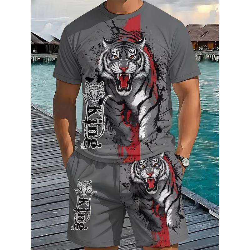 Men's Summer Set Fashion Wolf Print Short Sleeve + Shorts 2 Piece Set Animal Pattern Casual Quick-Dry Men's Summer Sports Set