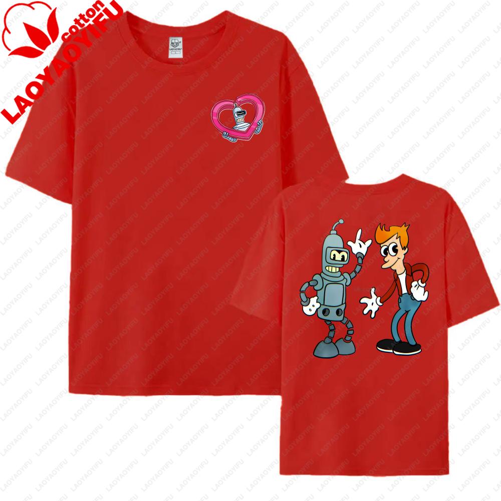 Funny Futurama Tees Robot and Boy Cartoon Design Unisex Cotton TShirt Casual Summer Wear Trendy Graphic Tee for Unisex Women