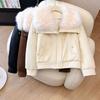Women Thick Warm Faux Fox Fur Collar Faux Leather Winter Cotton Padded Coat