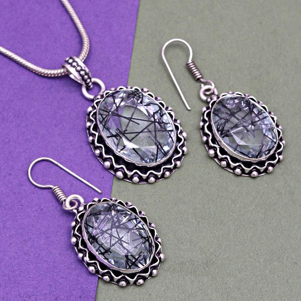 Black Rutile Set  Pendant  Jewelry Earring 18-20'' Gemstone Handmade