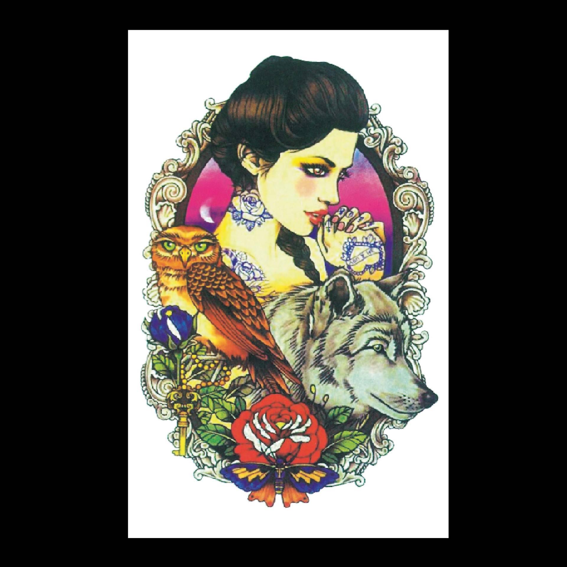 

Водонепроницаемые наклейки для татуировки: Волк, Карп, Гуань Гун, Череп, Пламя, Гейша, Крест, Сова, Цветы 12*19cm