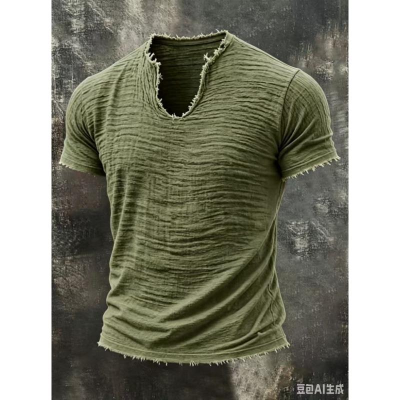MENFORMAL Heren Khaki Slubtextuur Ruwe Rafelige Rand V-hals T-shirt Verweerd Gerafeld Randje Korte Mouw Casual Vintage Top 4XL olijfgroene kleur