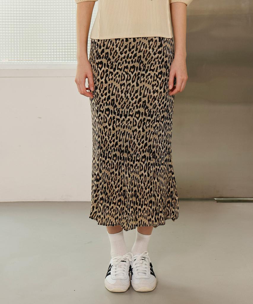 Waiowai Leopard Pleated Midi Skirt_Beige