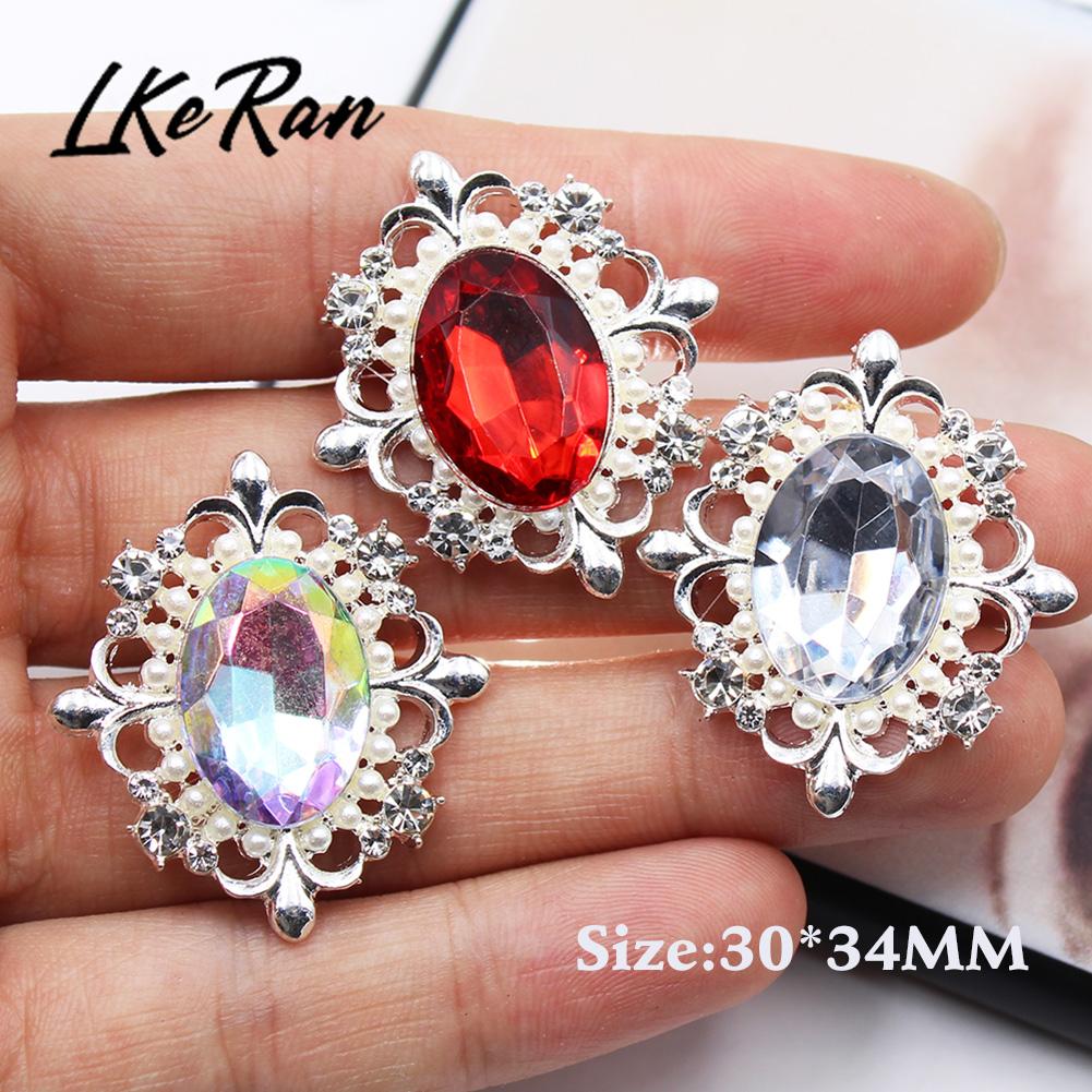 10PCS 30*34MM NEW Acrylic Button Pearl Rhinestone Silver Alloy Buttons Diy Flatback Embellishments Dress Decoration Accessories