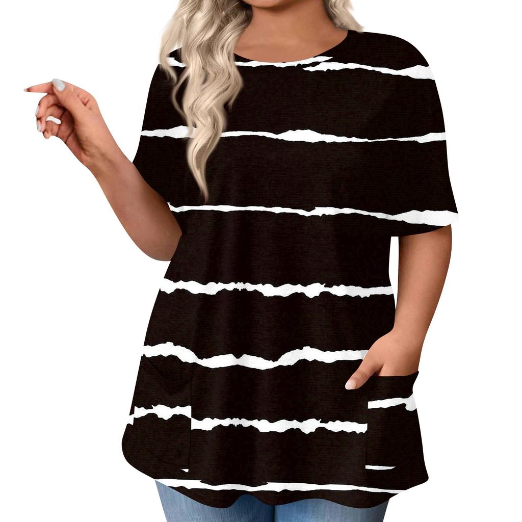 Womens Plus Size Tops Shorts Sleeve Shirts Round Neck Printed Casual Pockets Clothing Clothes Tops