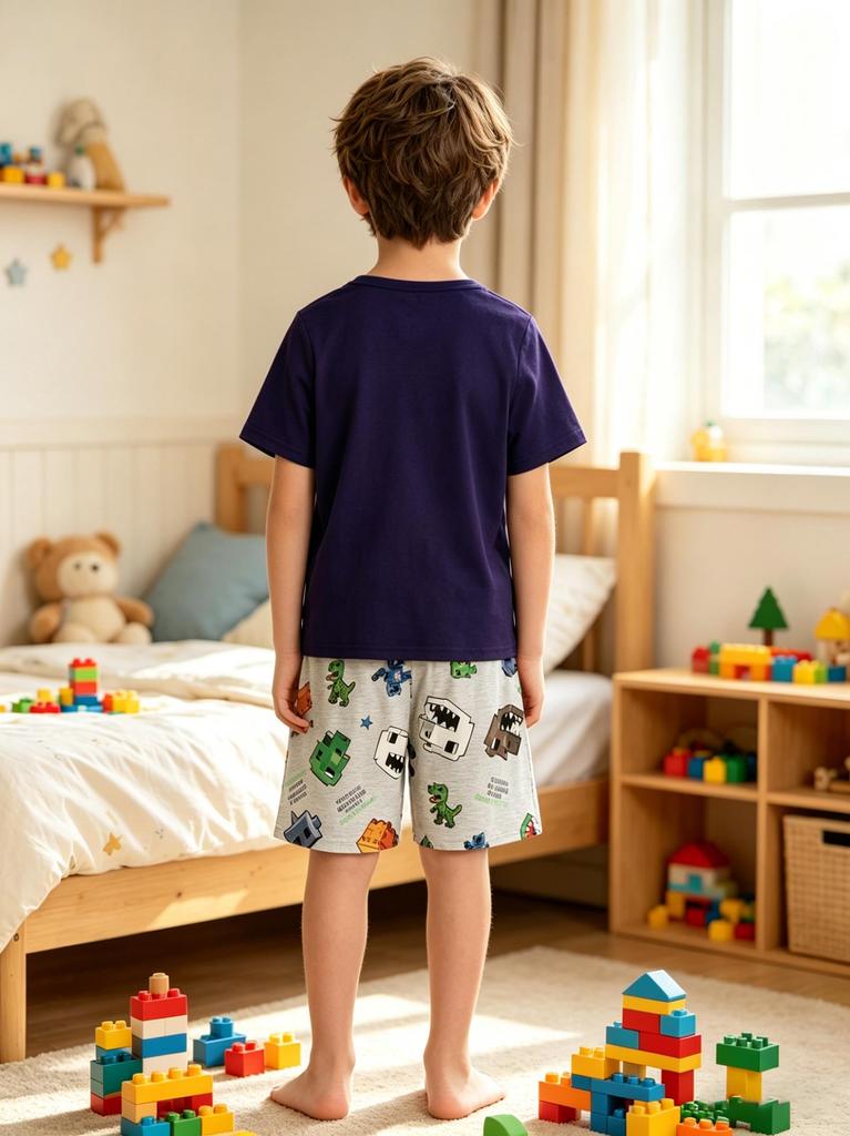 2 Pieces Boys Clothing Set, Summer Cool Pixel Game Graphic T-Shirt and All-Over Print Shorts, Kids Casual Outfits 8-12 Years