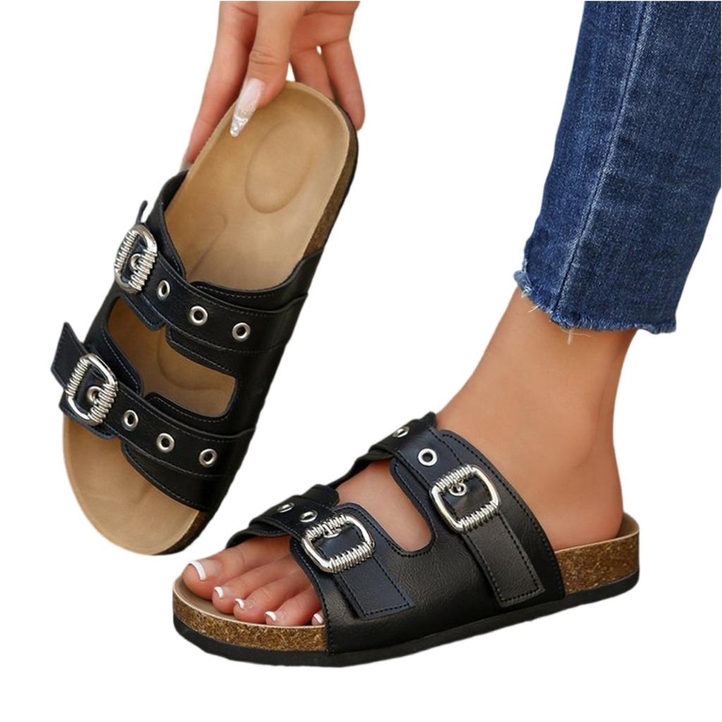 Women's Summer Fashion Soft Sole Flat Slide Sandals with Adjustable Metal Buckle Strap Comfortable Footbed Casual Slip On Shoes