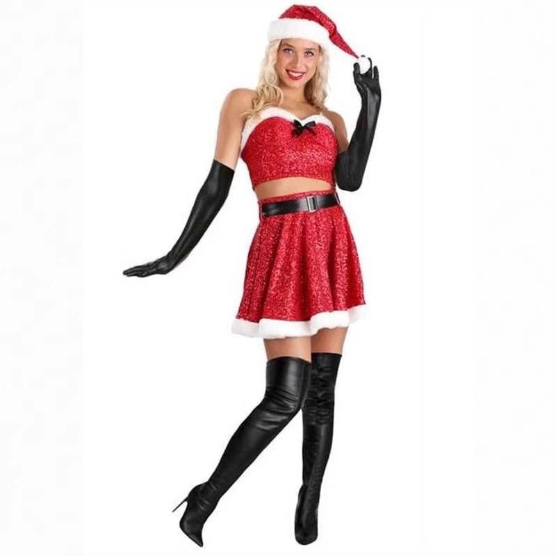 

Рождественский наряд раздельный сексуальный костюм для сцены ночного клуба праздничный рождественский комплект с мини-юбкой XL красный