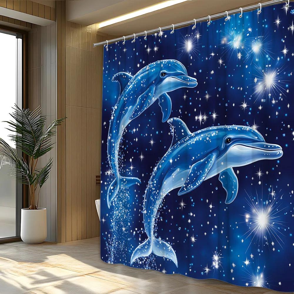 1 Stück Magischer Blauer Delfin Duschvorhang - Ätherische Meereskulisse mit Sternen & Glitzer, Verspielter Fantasy-Stil Polyestergewebe