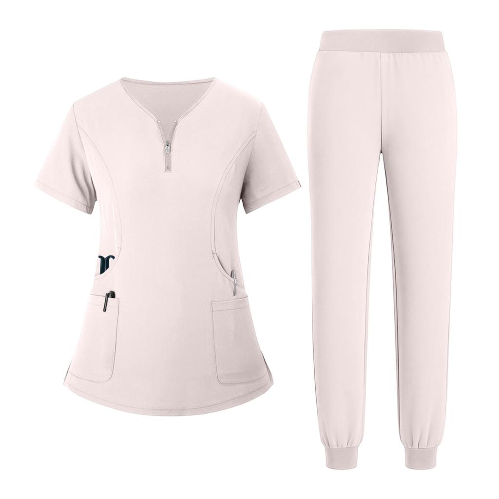 Damuniform Snabbtorkande Tyg Enfärgad V-ringning Ficka med dragkedja Kortärmad Byxset Vårdgivarset