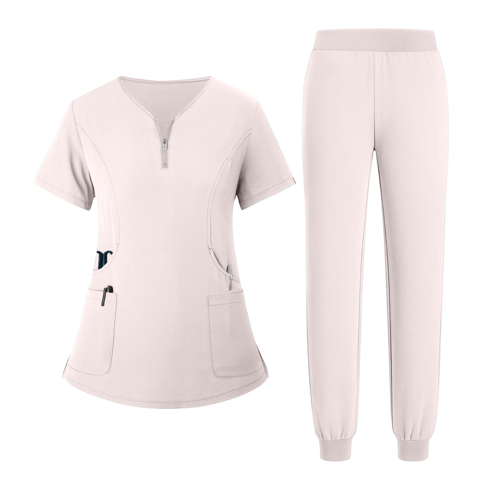 

Женская униформа Быстросохнущая ткань Однотонный V-образный вырез Карман на молнии Комплект с коротким рукавом и брюками Комплект для сиделки L бежевый