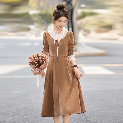 Goldenes Samtkleid Damen Frühling und Herbst Taille Schlank Temperament Langarm Lotosblattkante Feenrock Schwarz