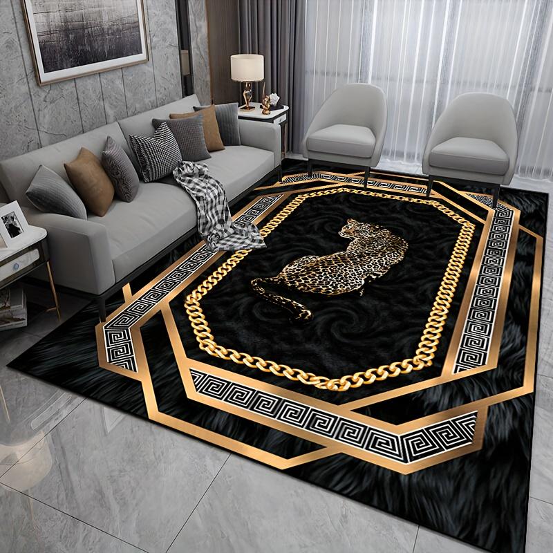 Luxury Medusa Greek Key Area Rug, Gold Leopard Chain Non-Slip Machine Washable Floor Mat for Living Room Bedroom Home Decor