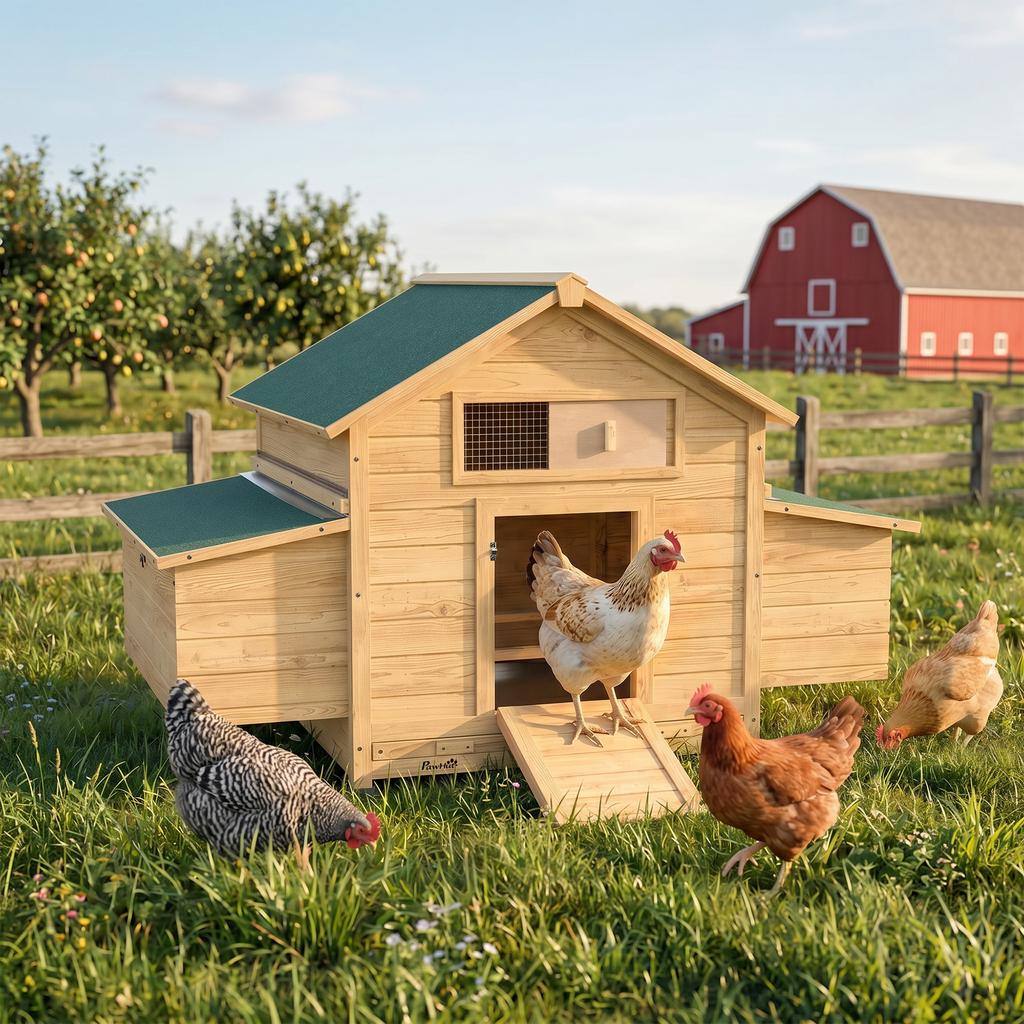 Wooden Chicken Coop for Outdoor Use with 2 Nests, Removable Tray, Perches, Waterproof Roof, 150x100x96.5 Cm, Yellow