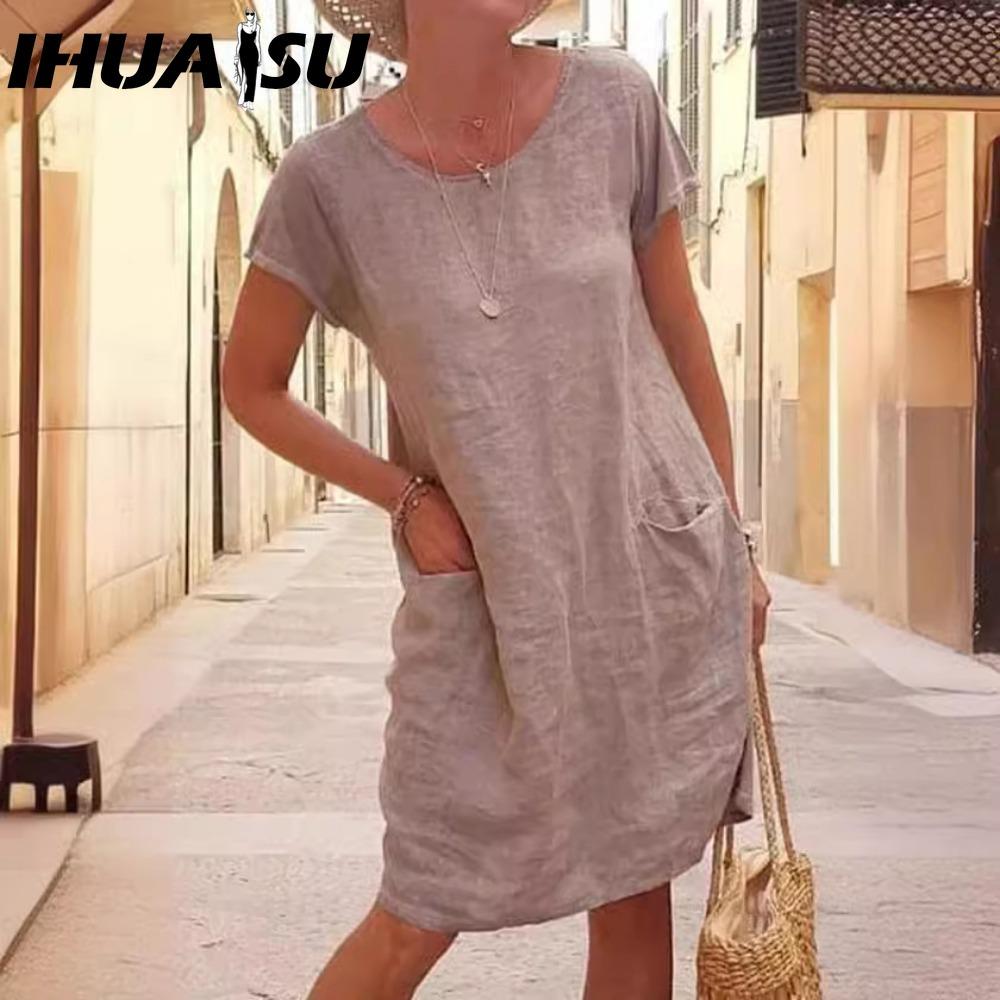 IHUASU Vestido Midi de Verano de Color Sólido para Mujer Vestido Casual Holgado para Señoras con Bolsillos Talla Grande