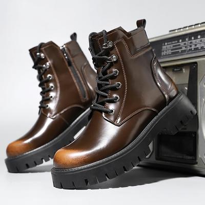 Herren Stiefeletten aus echtem Leder mit Schnürung, rutschfeste Stiefel mit runder Spitze, lässige Motorradstiefel aus Leder, modische flache Designer-Schuhe