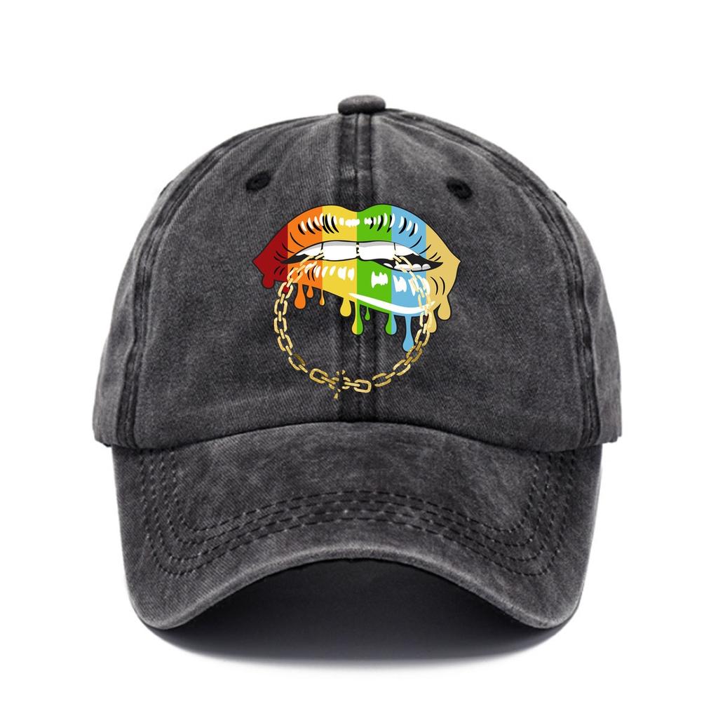 Rainbow Dripping Lips Chain Baseball Cap Distressed Denim Washed Sun Protective Casual Adjustable Hat