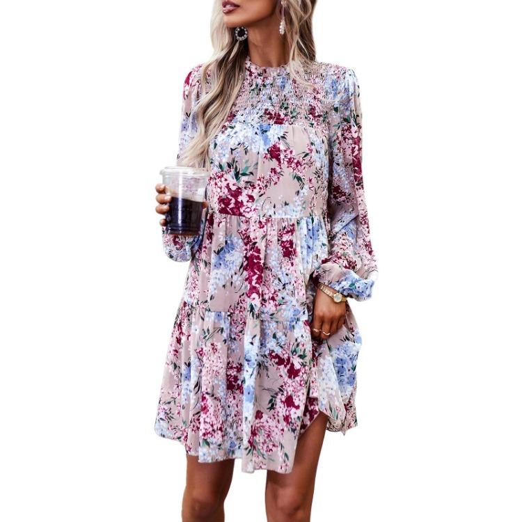 Women Floral Printed Casual Loose Fit Dress Long Sleeve Short O Neck All Match