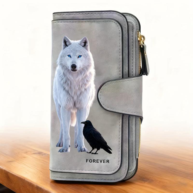 Women's White Wolf Design Long Wallet Multifunctional Snap Closure Coin Purse Ideal Birthday Gift For Animal Lovers Large Capacity Card Holder Phone