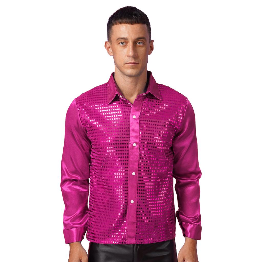 Mens Shiny Sequin Dance Shirt Latin Jazz Performance Wear Turn Down Collar Long Sleeve Patchwork Top
