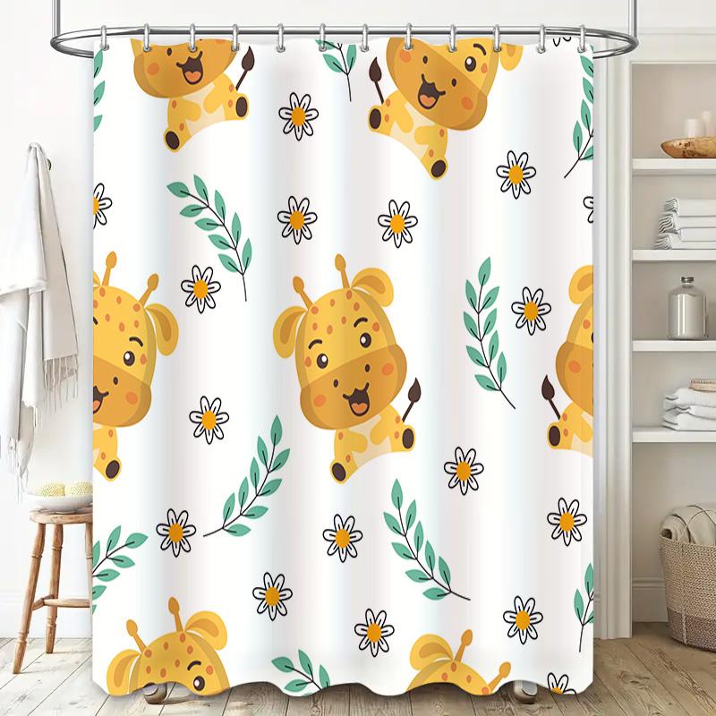 New Arrival Cartoon Giraffe Shower Curtain Waterproof Bathroom Decor with Flowers Leaves for Children Room (White)