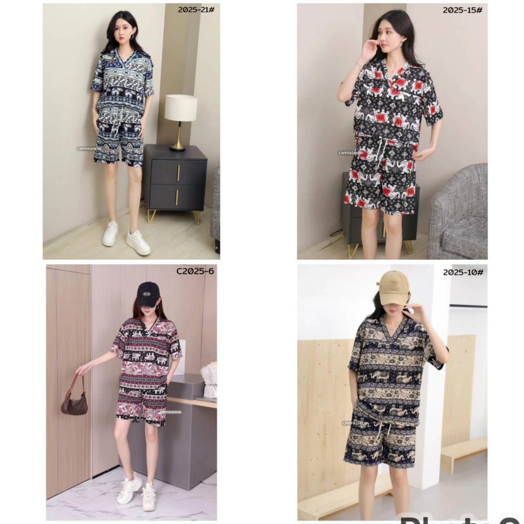 Elephant Pants Shorts Shirt Set V-neck Crop Top Short Sleeve Adjustable Elastic Waistband Strap Women Print Casual Boho Bohemian Retro Vintage