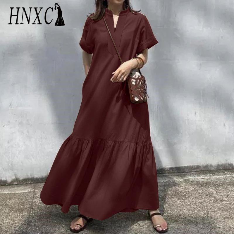HNXC S-5XL Summer Casual Solid Color Women Long Dress V Neck Short Sleeve