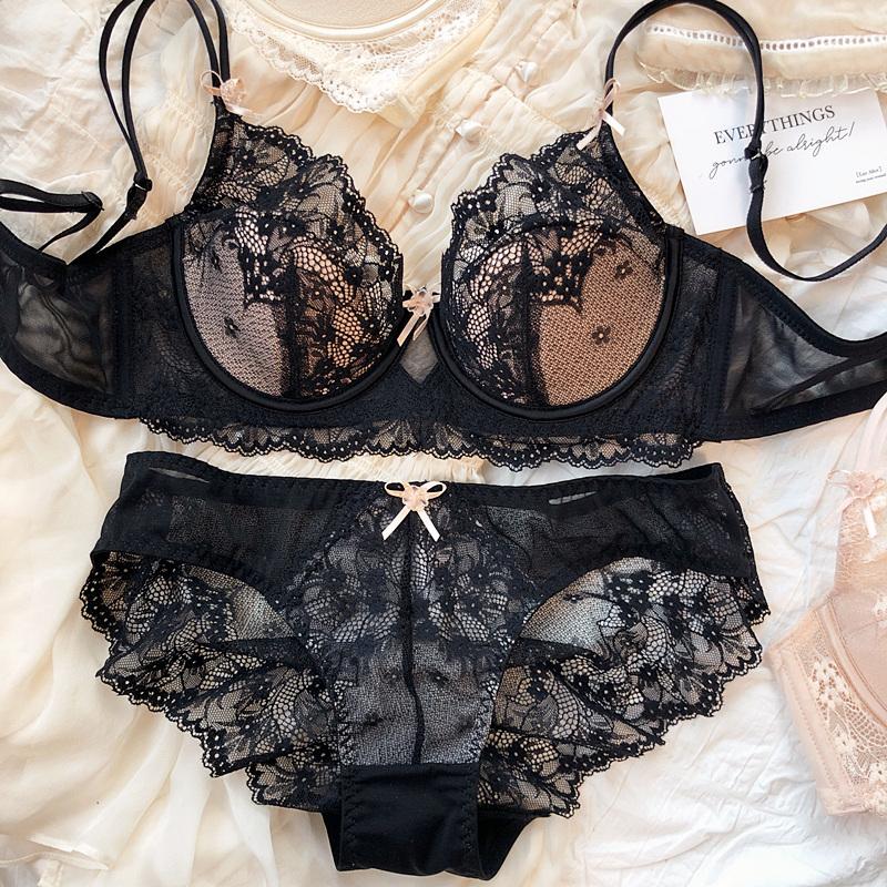 Set nou de lenjerie intimă pentru femei, sexy, cu dantelă, sutien push-up franțuzesc cu cupă subțire 3/4, bralette, decor drăguț cu fundă, lenjerie intimă, sutiene confortabile, seturi de chiloți