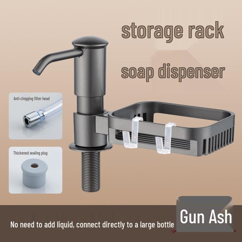 Presse d'évier en acier inoxydable avec distributeur de savon, tube d'extension pour détergent et filtre pour aquarium.