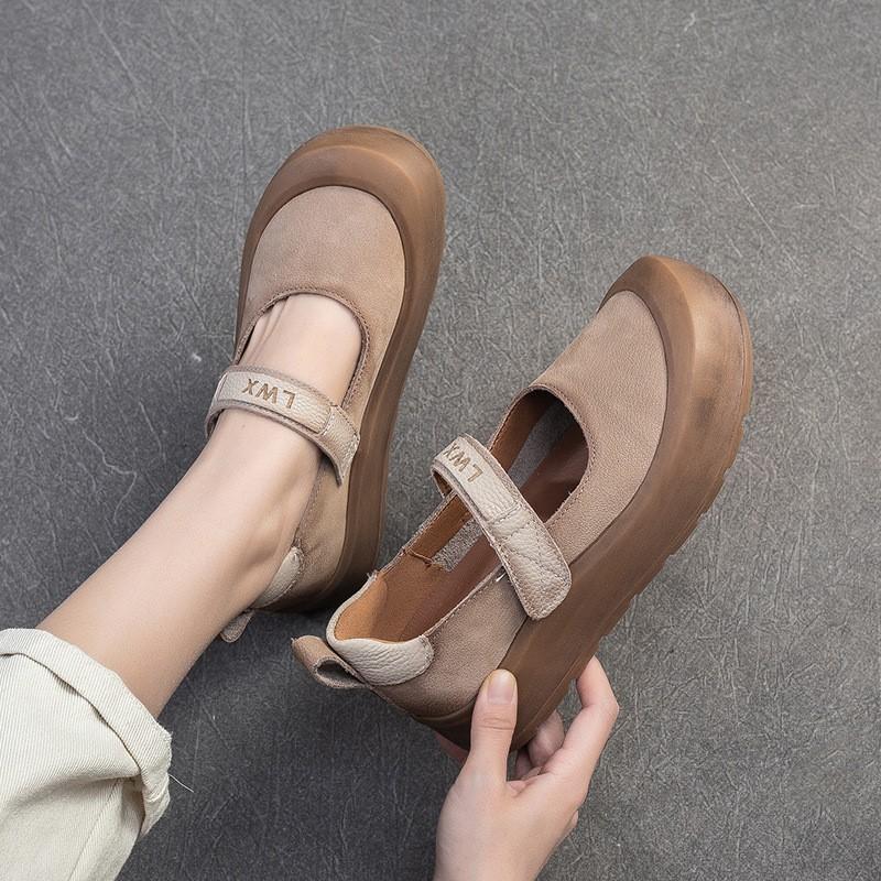 Johnature Casual Thick Soled Shoes Round Toe Genuine Leather Comfortable Women's Flat Platform Shoes