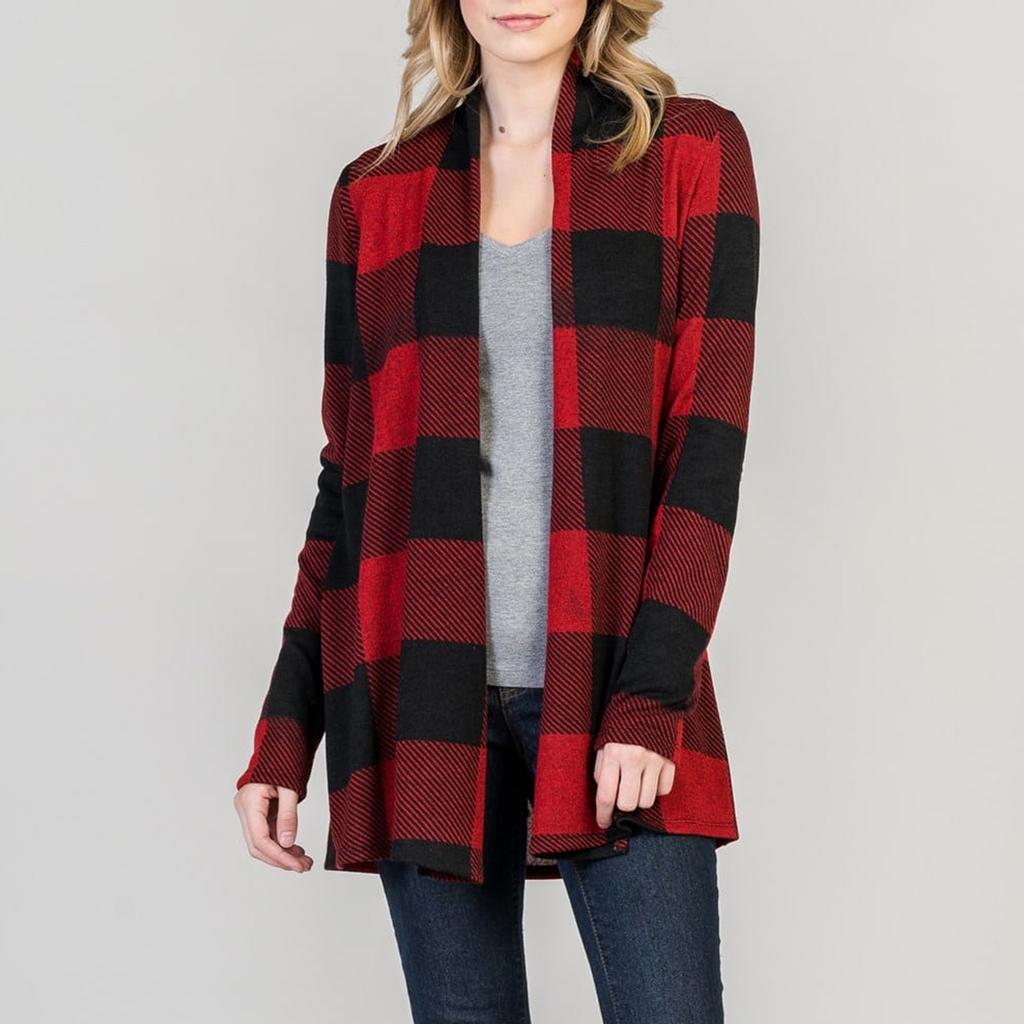 Women's Plaid Print Patch Patchwork Cardigans Open Front Long Sleeve Coat