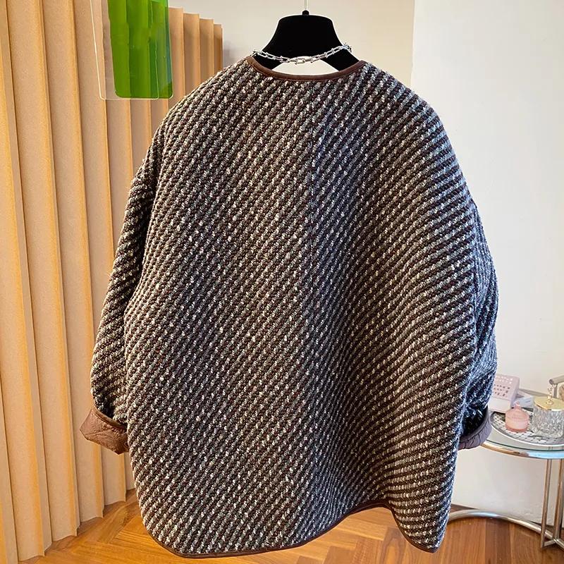 Women's Autumn Winter Tweed Collarless Woolen Coat Loose Padded Causal Outerwears