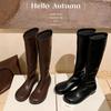 Cowhide Version~ Autumn and Winter New Round Head Elastic Socks Boots Women's Thin Boots Flat-bottomed Temperament Sleeve High Boots Women's