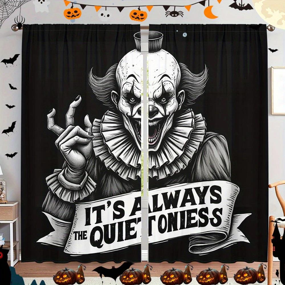2pcs- Halloween Classic Look Gothic Clown Print Curtains, Pole Bag Home Decorations, Space Decorations Durable Material
