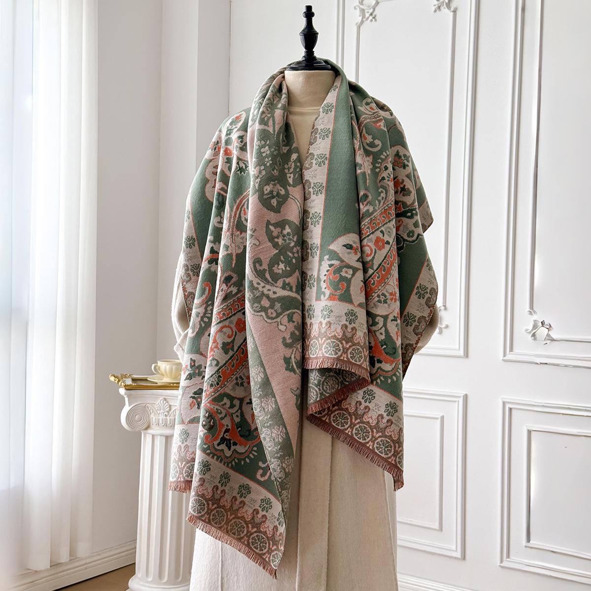 Châle en Cachemire Mode Hivernale Pour Femmes - Foulard Pashmina à Franges Imprimé Fleurs, Écharpe Enveloppante et Poncho Épais et Chaud gray