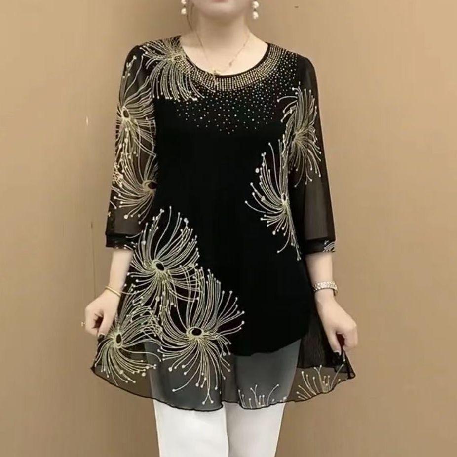 Mom's Plus Size Summer Mesh Print Mid-Length T-shirt