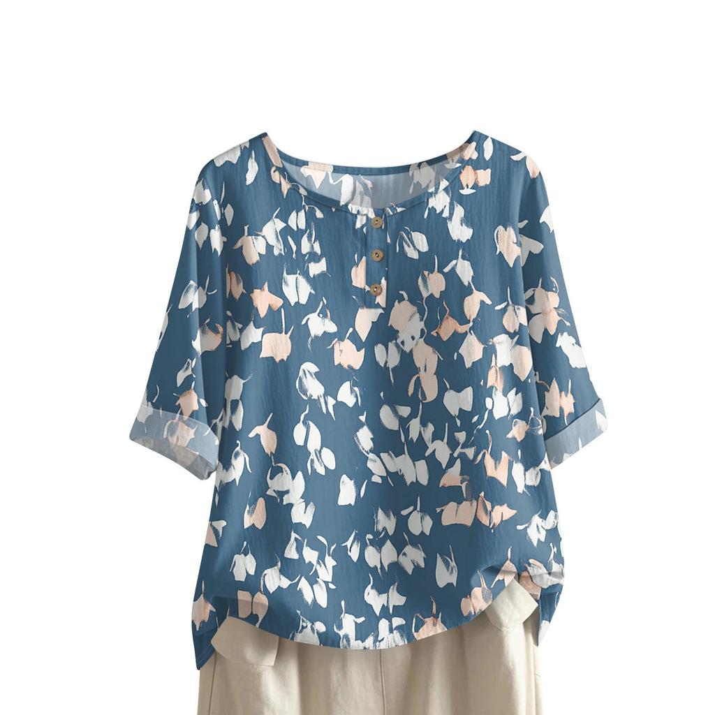 Camicia alla moda e casual da donna a maniche corte con scollo rotondo e stampa, blusa top in cotone e lino