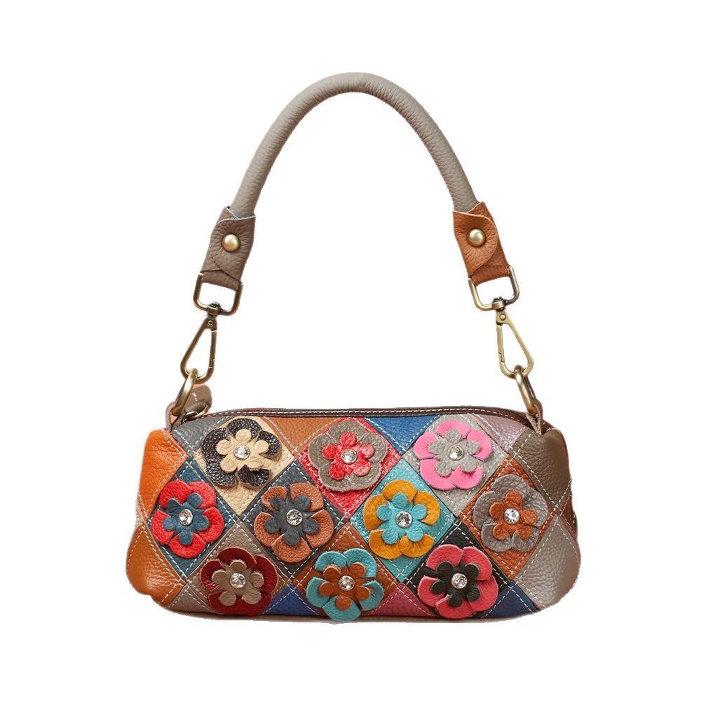 Cowhide Women'S Bag Handmade Design Personalized Flower Color Contrasting Color Dinner Shoulder Messenger Bag Hand Bag