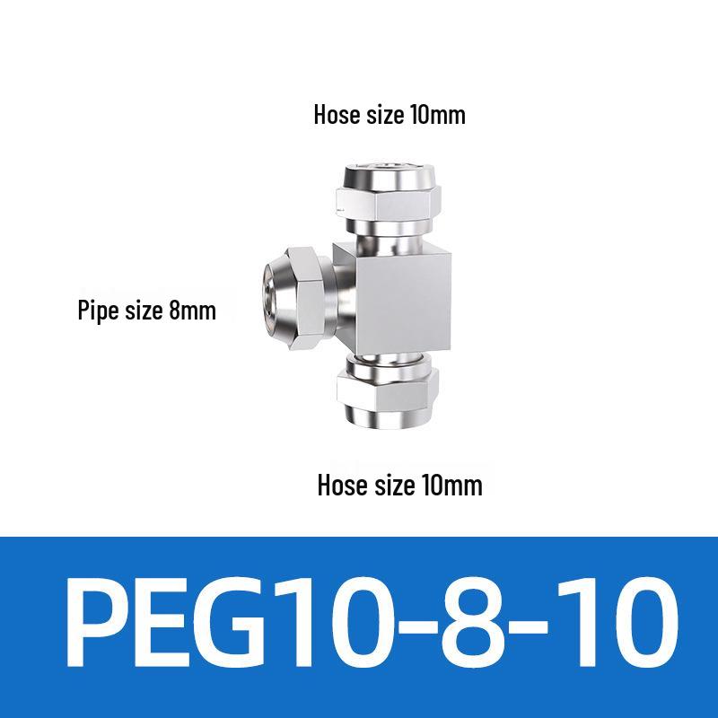 Trachea Quick-Connect T-Nozzle Adapter for Air Pumps and Compressors, with PE Pneumatic Lock Nut, Reducer, and PEG4 6/8mm Compatibility.