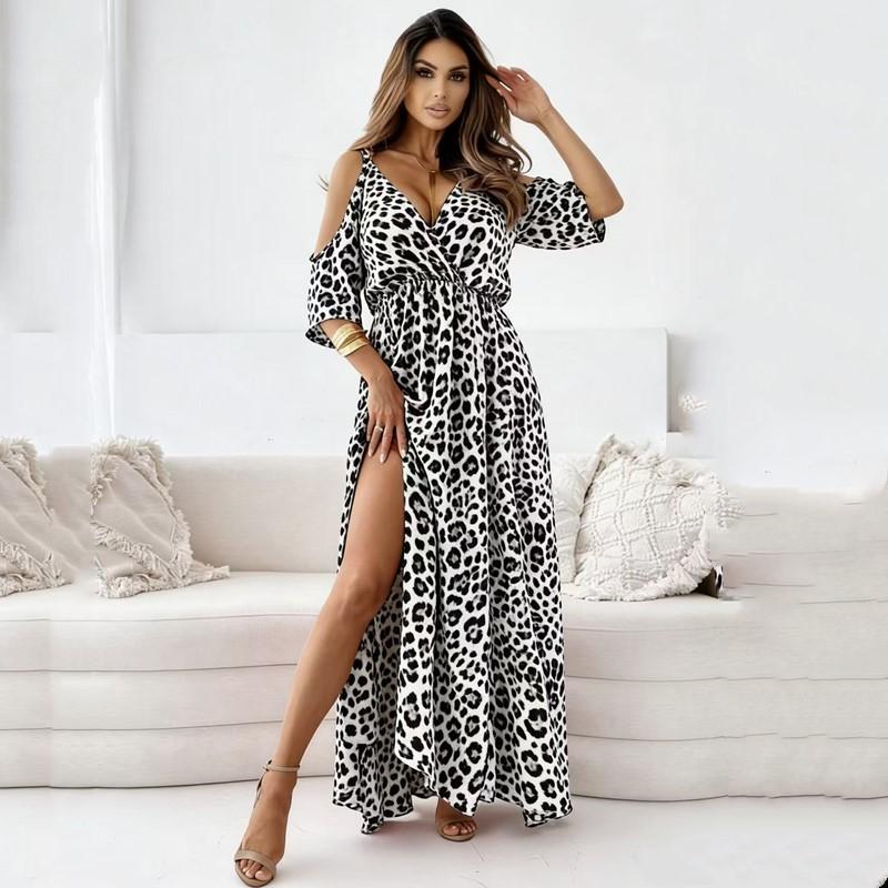 Strap plus size leopard sexy off the shouder new in dresses for women casual loose long summer dress