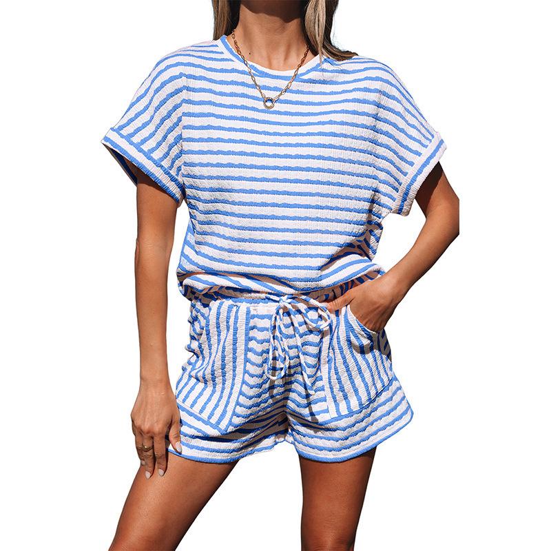 2025 Spring/Summer Women's Knit Drawstring Short-Sleeved Two-Piece Casual Set - European & American Fashion