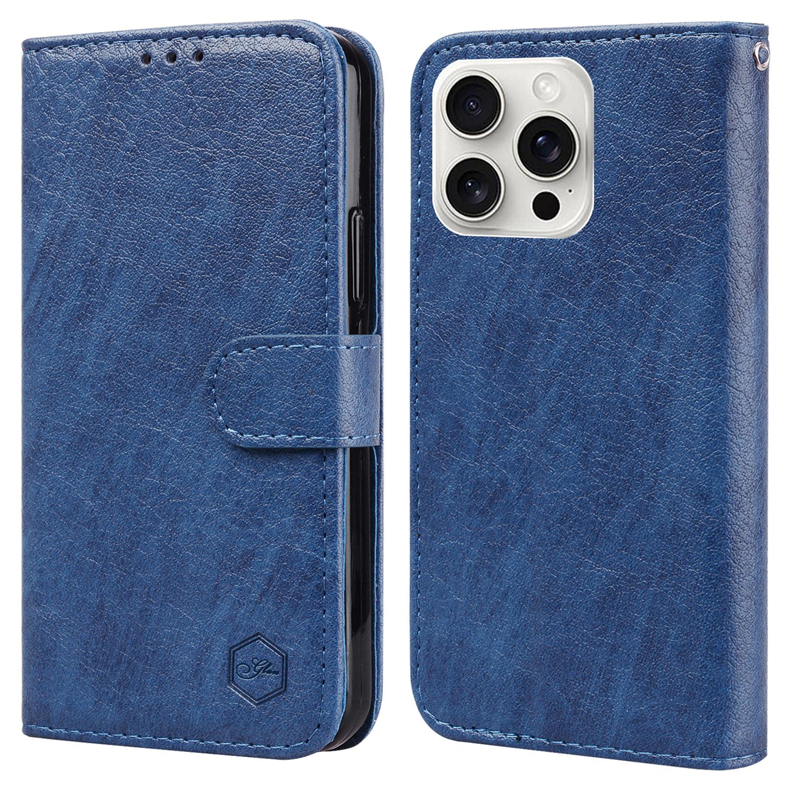 

For iPhone 16 Pro Case Solid Color Leather Folding Stand Wallet Leather Phone Cover Dark Blue