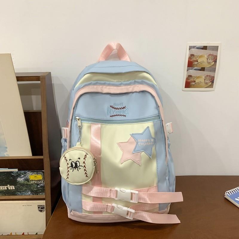 Blocked Fashionable Color Letter Embroidery Star Decoration Student Backpack