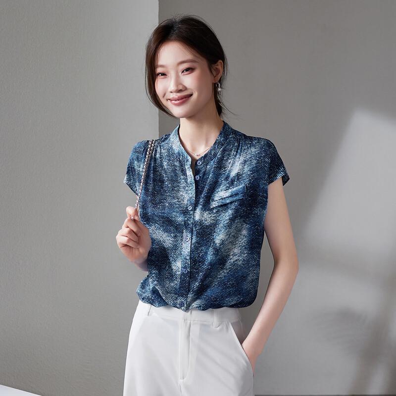 SOFSIL Women s Silk Print Short-Sleeve Shirt L темно-синий